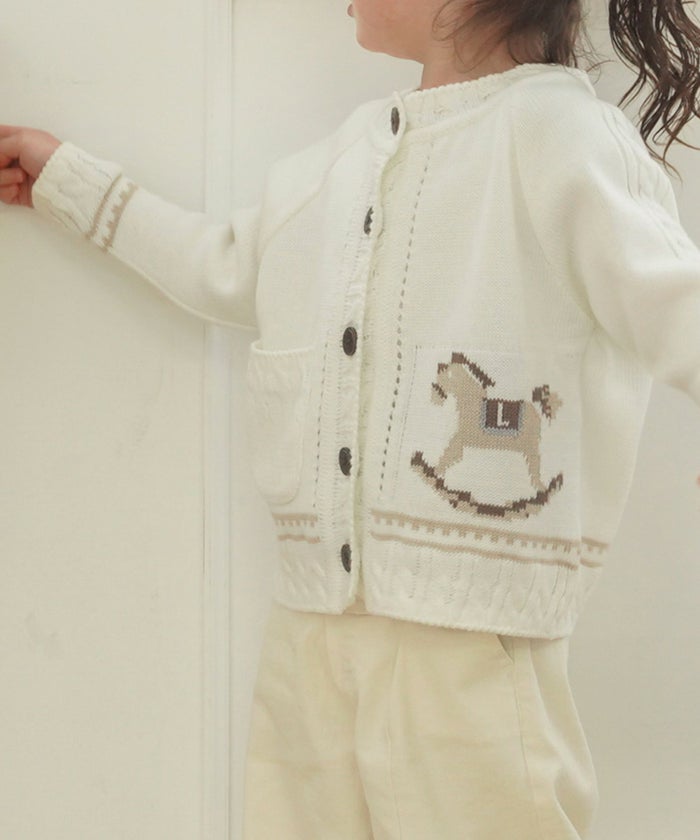 レディース/子供/カーディガン/ケーブル/木馬/ジャガード/長袖/親子リンク/親子コーデ/おそろい/キッズ/ホワイト/チャコール/Vネック/前あき/配色/バックデザイン/春/秋/冬/羽織