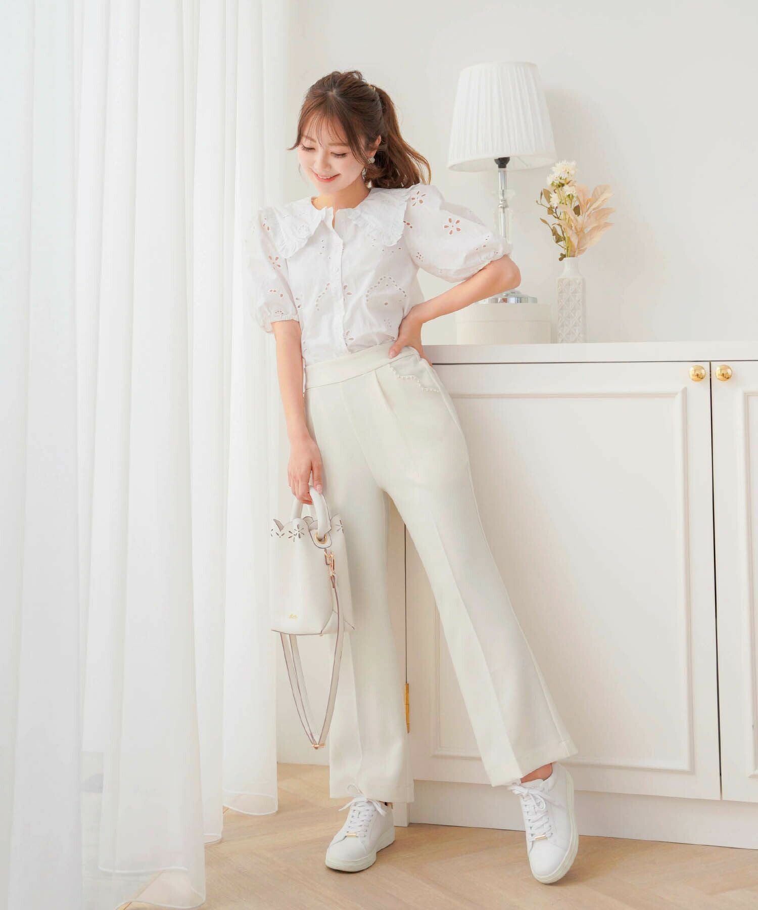 KAPITAL 白フレアパンツ★新品★ スカラップ ポケット フレアパンツ le reve vaniller 全3色 ｜lvn711