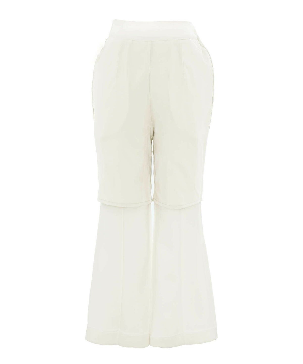 レディース/パンツ/ストレッチ/アイボリー/ブルーグレー/ネイビー/フレアパンツ/センタープレス/ポケット/スカラップ/パール/デザイン/オリジナル/ウエストゴム/お出かけ/オシャレパンツ/春パンツ/春/夏/秋/冬/オールシーズン/