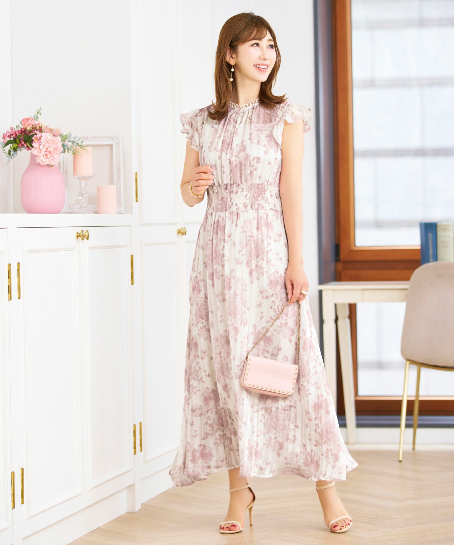 フラワープリント リングレース スタンドネック ワンピース Prima