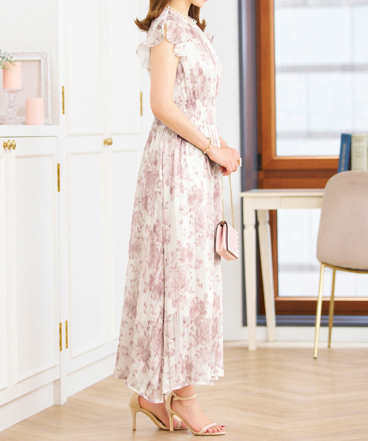 フラワープリント リングレース スタンドネック ワンピース Prima