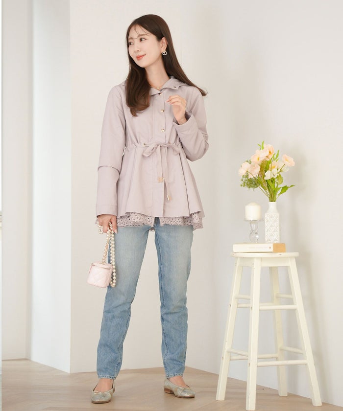 レディース/アウター/軽羽織/春コート/撥水/防水/雨具/ミドル丈/ロング丈/長袖/フード/ボタン/袖口ゴム/アイボリー/ネイビー/ブラック/上品/シンプル/レインコート/ゴールド/春/秋/雨の日/お出かけ/新色/バレンタイン/ピンク