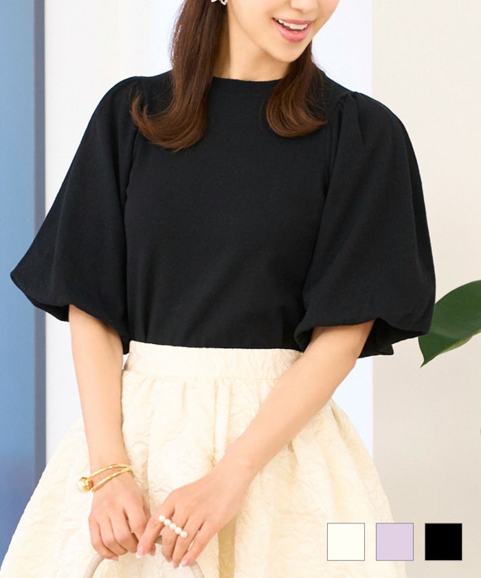 トップス ニット パフスリーブ ギャザー 半袖 ハーフスリーブ ホワイト 白 ラベンダー ブラック 黒 S M 秋 冬 春 ハーフ丈 バルーンスリーブ ニット プルオーバー Prima Scherrer