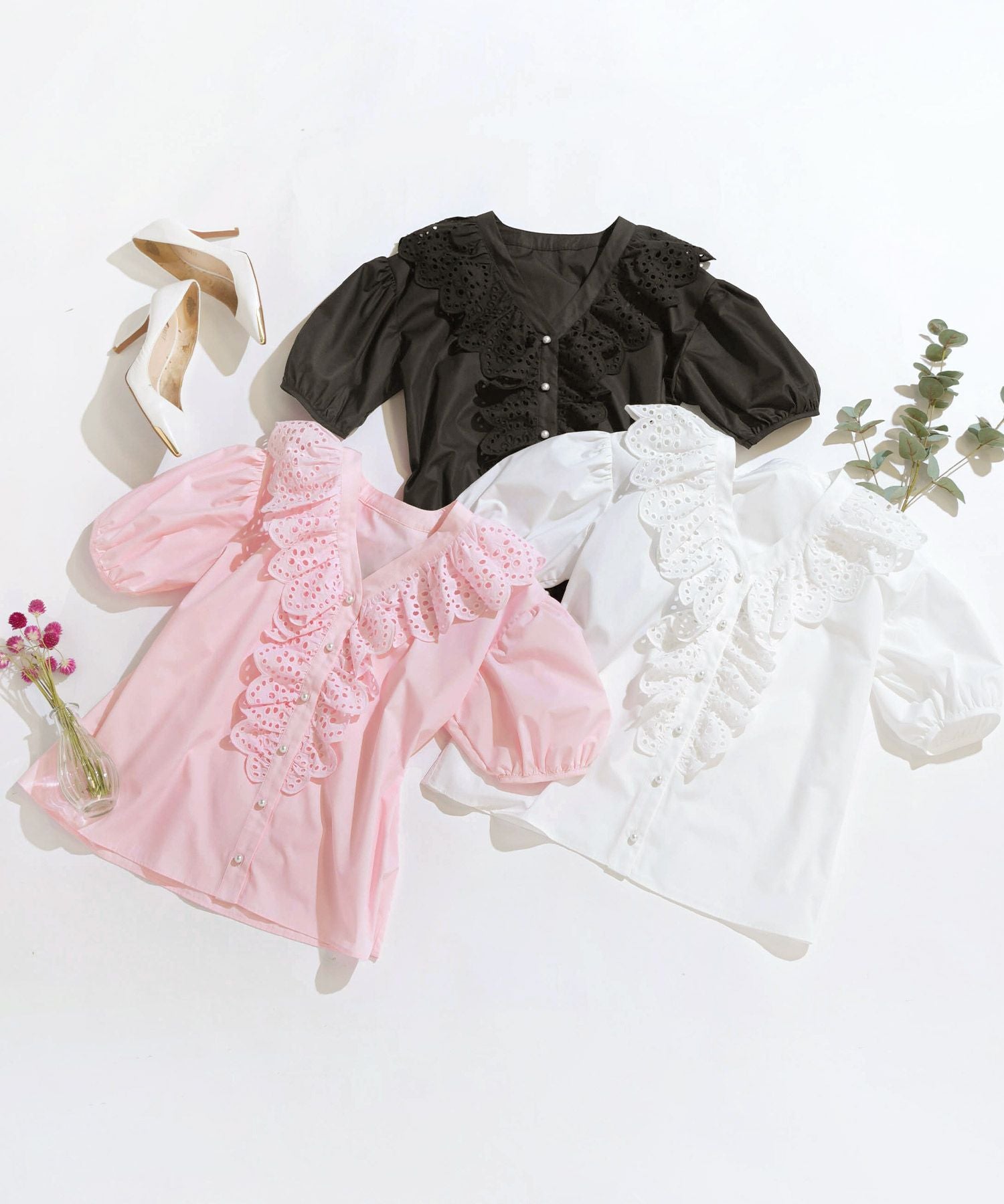 OUTLET-SALE コットンレース フリル Vネック ブラウス Liala×PG 全3色