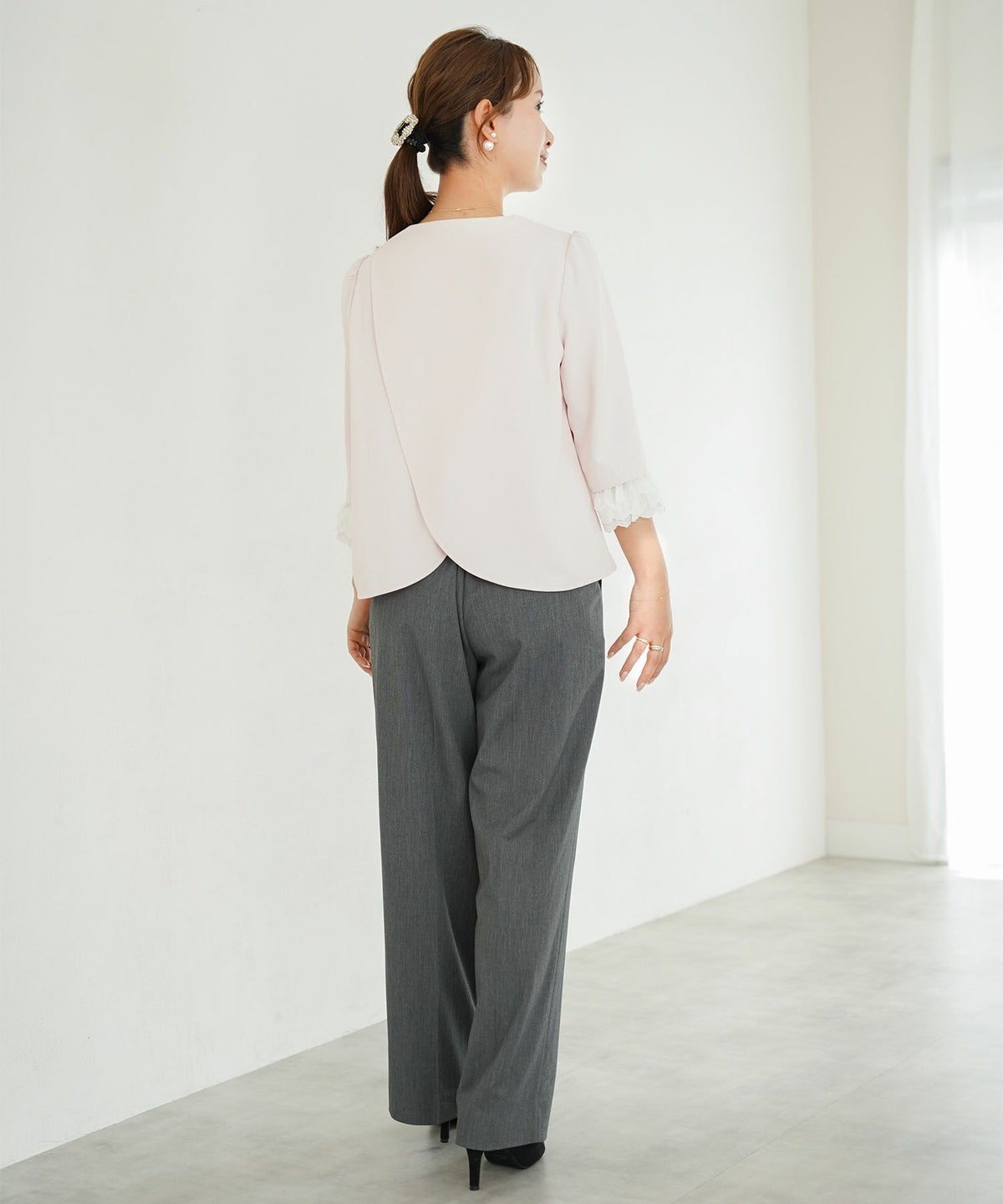 ブラウス/クロスデザイン/レース袖/ホワイト/パウダーピンク/ネイビー/M/