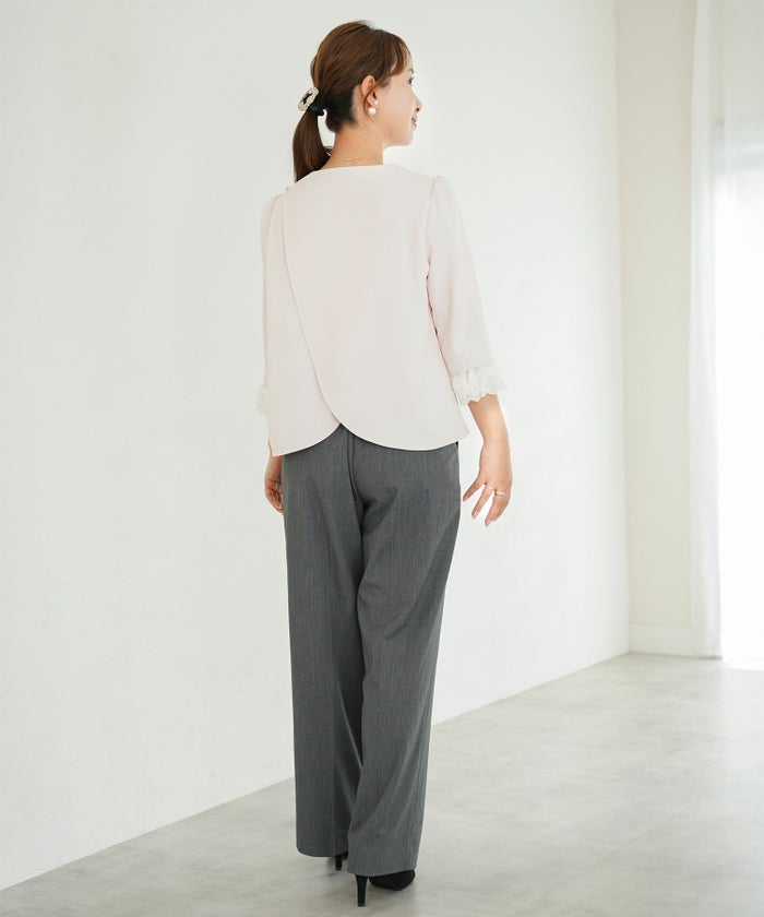 ブラウス/クロスデザイン/レース袖/ホワイト/パウダーピンク/ネイビー/M/