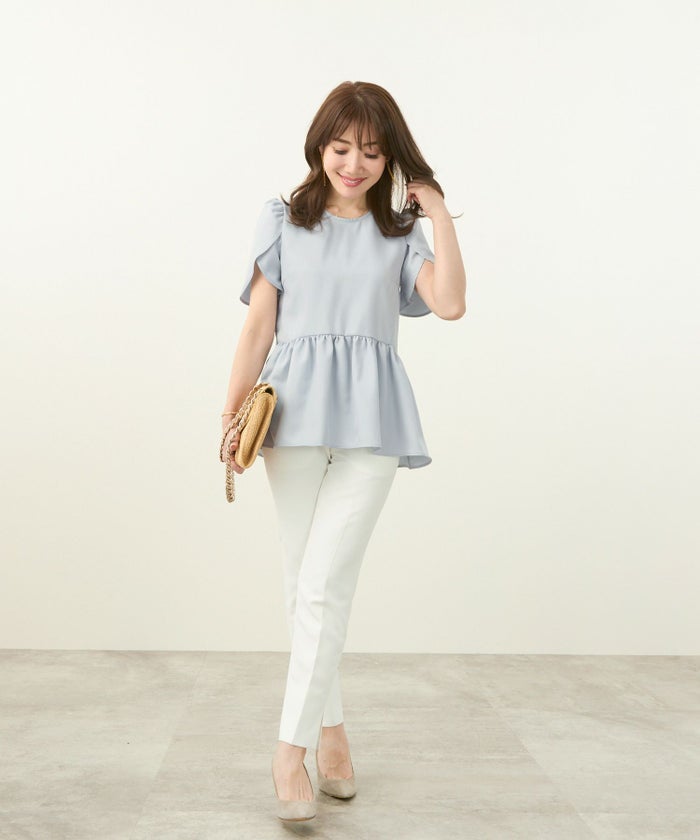 手洗い可/日本製/イレヘム/ラウンドネック/袖コンシャス/ギャザーペプラム/フェミニン/大人フェミニン