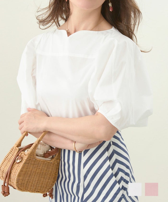 手洗い可 トップス ブラウス ドルマンスリーブ 5分袖 春 夏 タック ハートネック ホワイト 白 ピンク 上品 可愛い ハートネック ドルマンスリーブ ブラウス Liala×PG