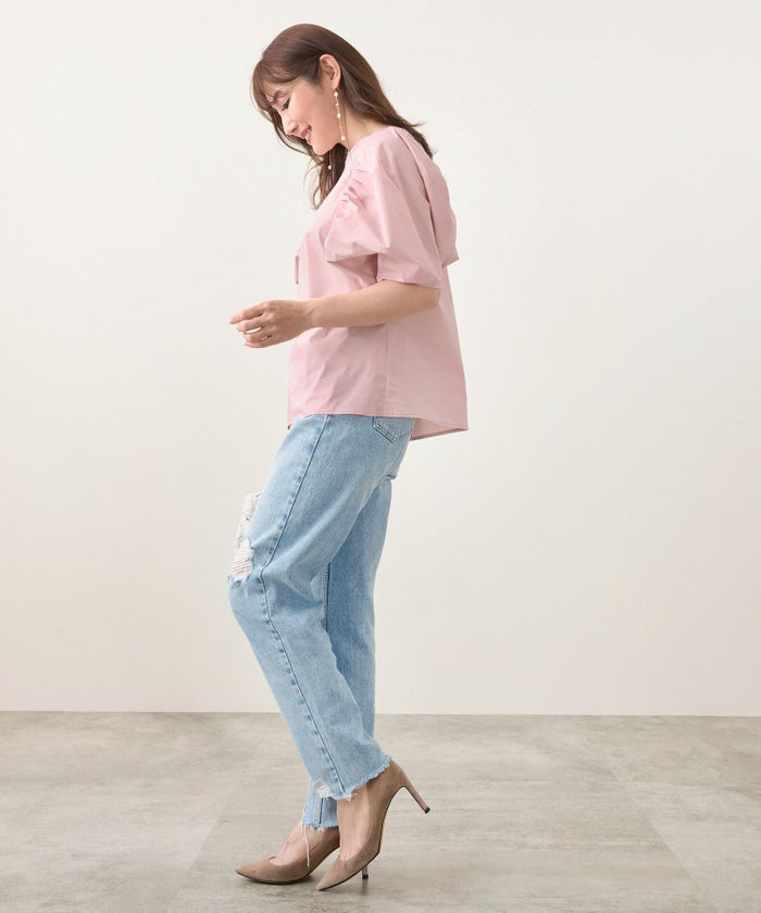 手洗い可/トップス/ブラウス/ドルマンスリーブ/5分袖/春/夏/タック/ハートネック/ホワイト/白/ピンク/上品/可愛い