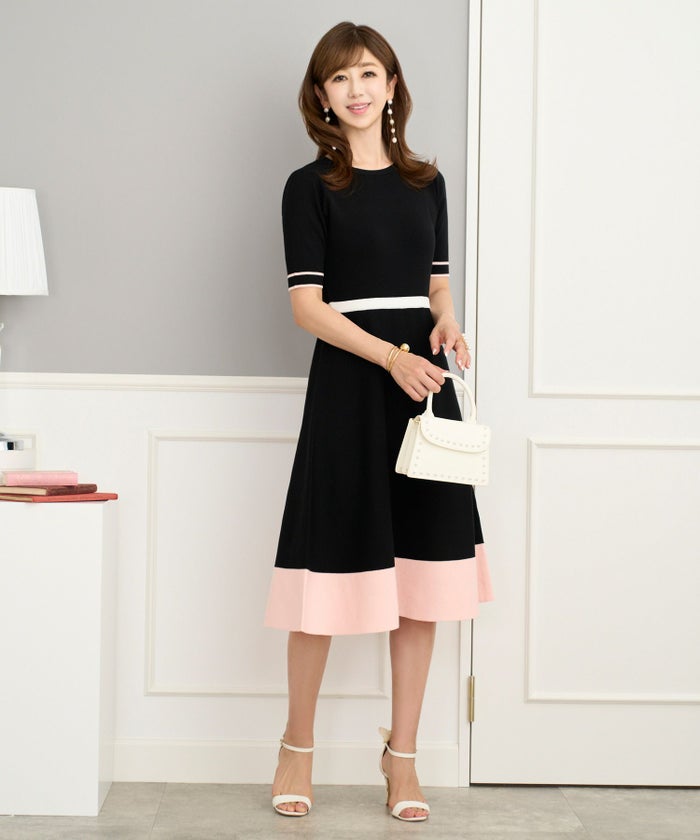 ワンピース/ニット/バイカラー/ウエスト切り替え/半袖/ライン/フレア/レッド×ピンク/ライトピンク×チェリーピンク/ブラック×ピンク/S/M/春/秋
