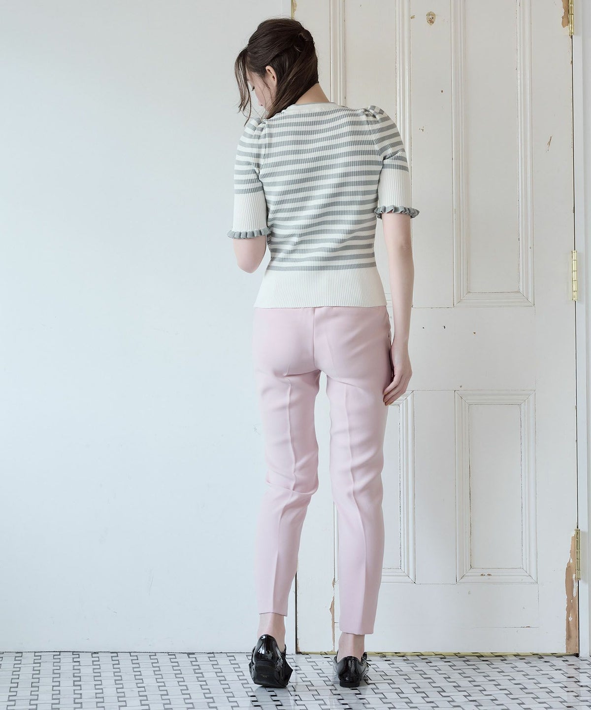 ニット/ボーダー/袖フリル/グレー/ダークブルー/ブラック/フリー/