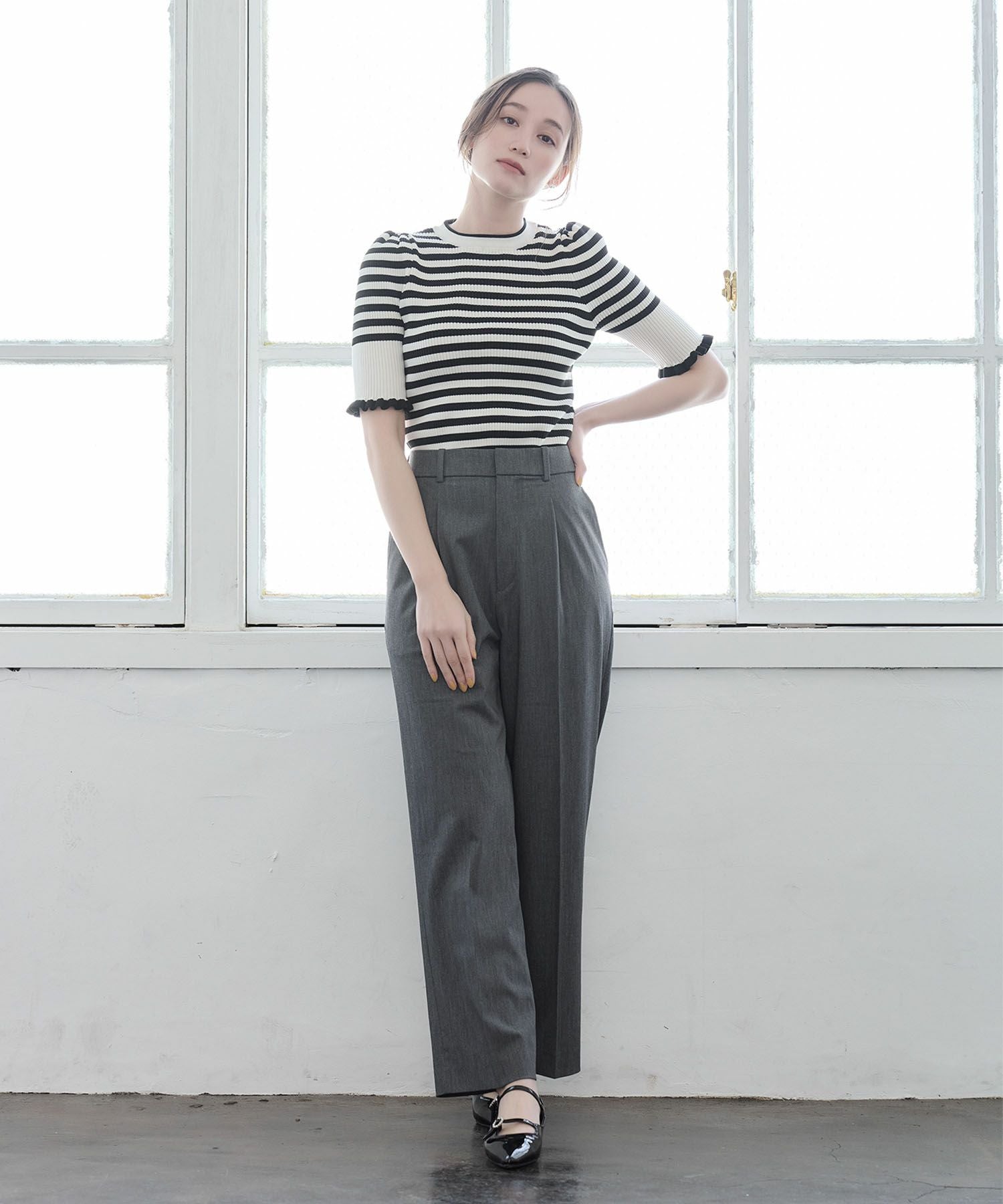 未使用♡袖フリル♡パールボーダートップス ZOZO限定商品】袖フリルパールペプラムトップス【宅配便】 | Fit more