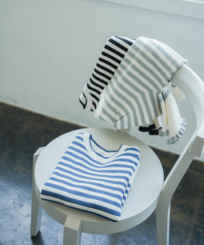 ニット/ボーダー/袖フリル/グレー/ダークブルー/ブラック/フリー/