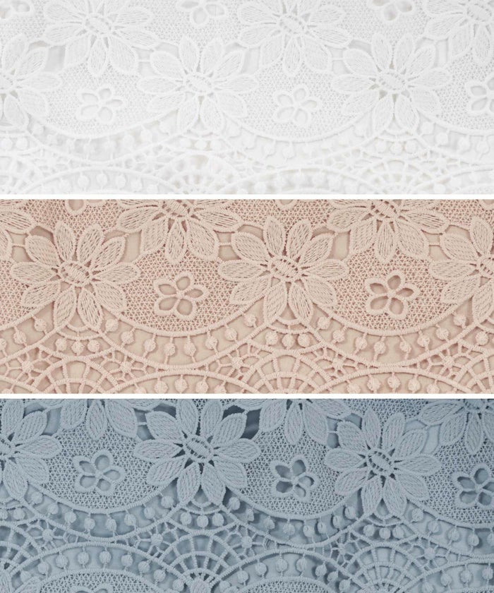 ワンピース/レース/半袖/フラワー/花柄/スカラップ/ティアード/ハイウエスト/ホワイト/白/ピンク/サックス/S/M/秋/冬/春/可愛い/かわいい/華やか/大人/上品/