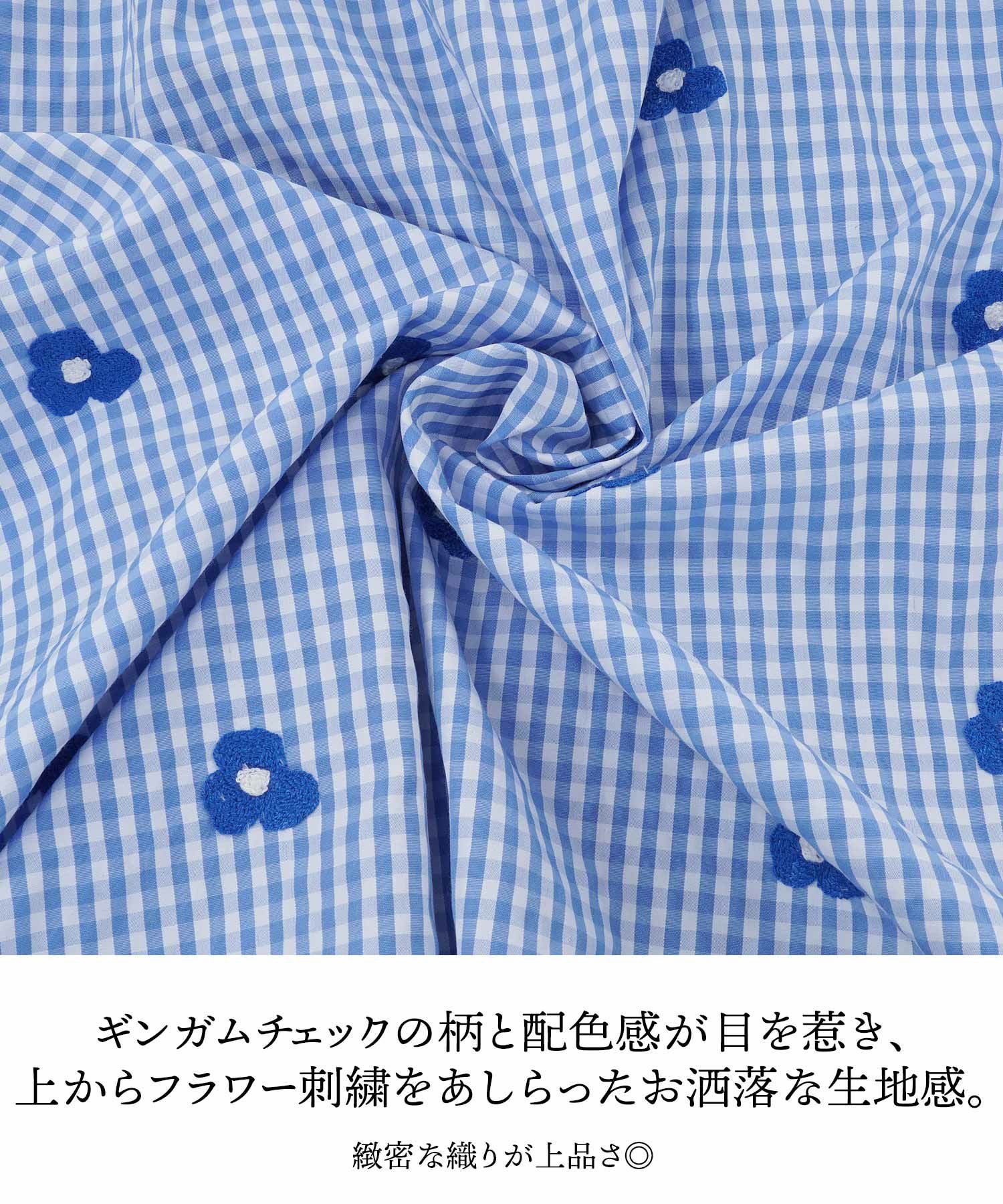 ギンガムチェック フラワー刺繍 リゾートワンピース 半袖 Prima