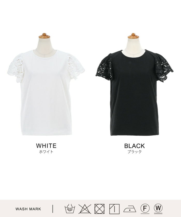 手洗い可/コットンレース/Uネック/フレンチスリーブ/異素材/襟付き/フェミニン/カジュアル/リラックス/着回し/Tシャツ/シアー