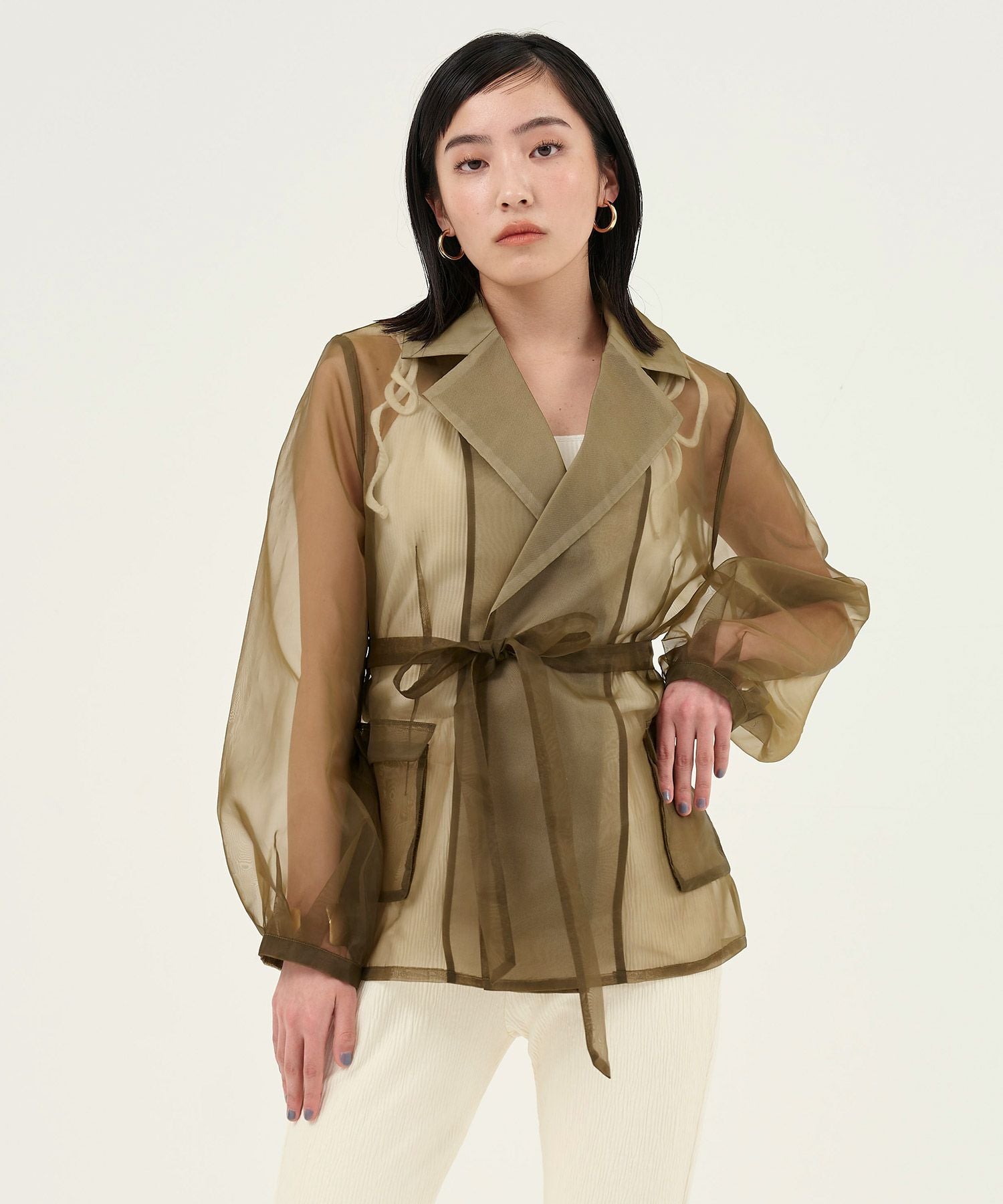 希少 42【EIKO KONDO】異素材 モヘヤ混 ジャケット 袖シアー 日本製 mizuiro ind｜コットン 布帛 スタンドカラー シアー シャツ 2-230134