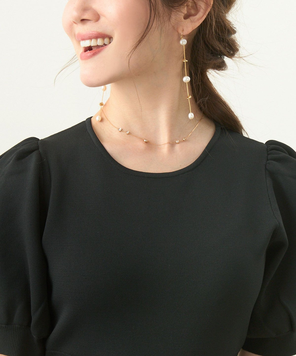 手洗い可/パフスリーブ/半袖/ラウンドネック/上品/きれいめ/フレアワンピース/パフ袖/細見え