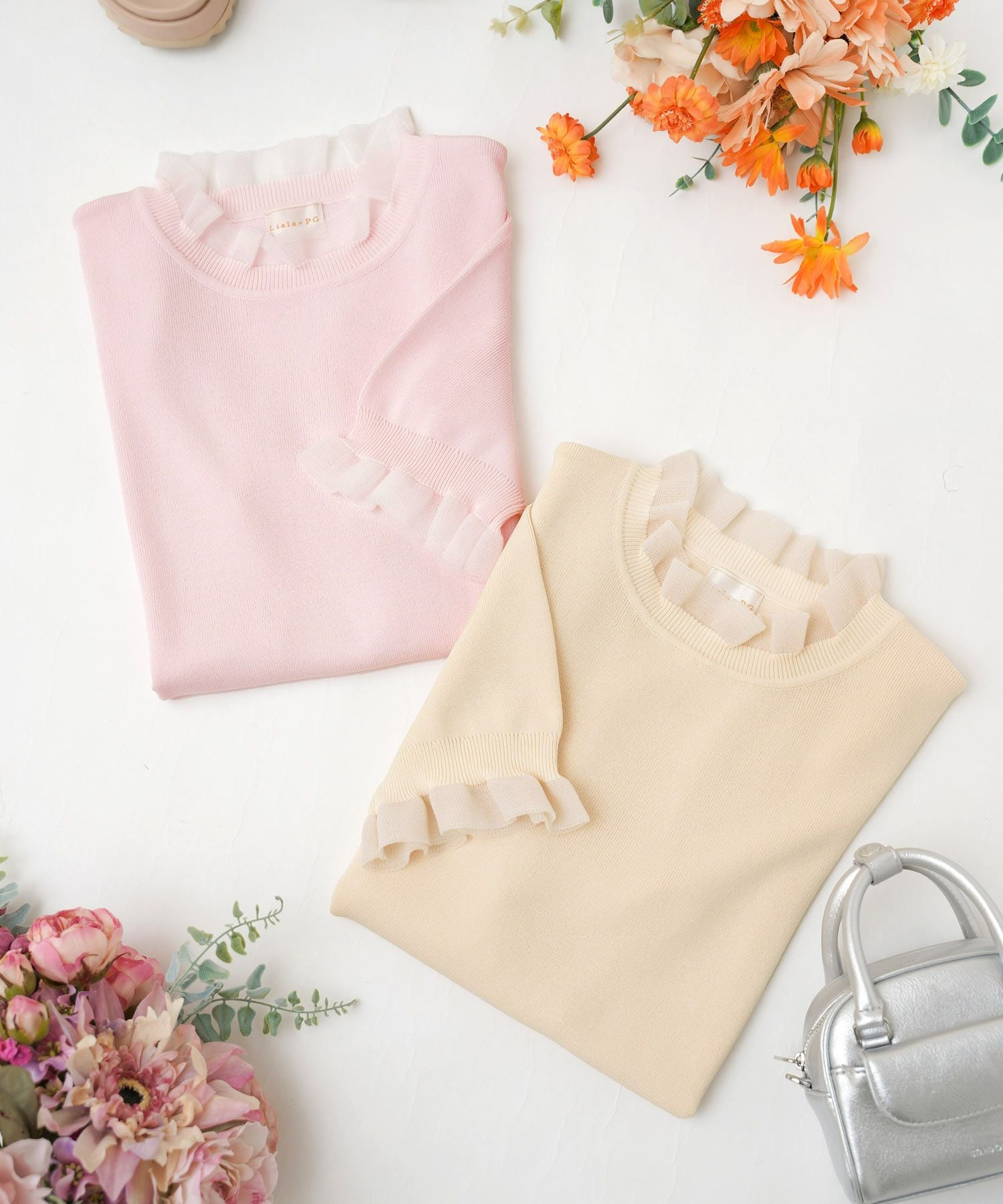 【美品】ジプソフィア　透かし編みコットンニット　ライトピンク　春服　フリル袖 シアー プチフリル 5分袖 ニット