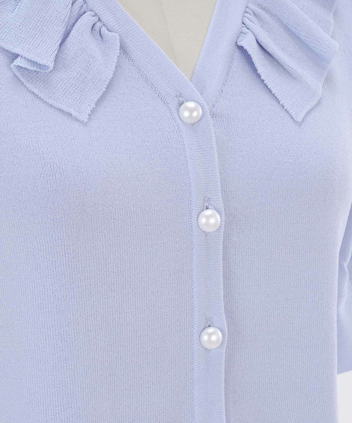 カーディガン/ニット/フリル/パールボタン/パフスリーブ/半袖/リブ/ホワイト/白/サックス/ブラック/黒/S/M/春/夏/秋/可愛い/かわいい/華やか/大人/上品/