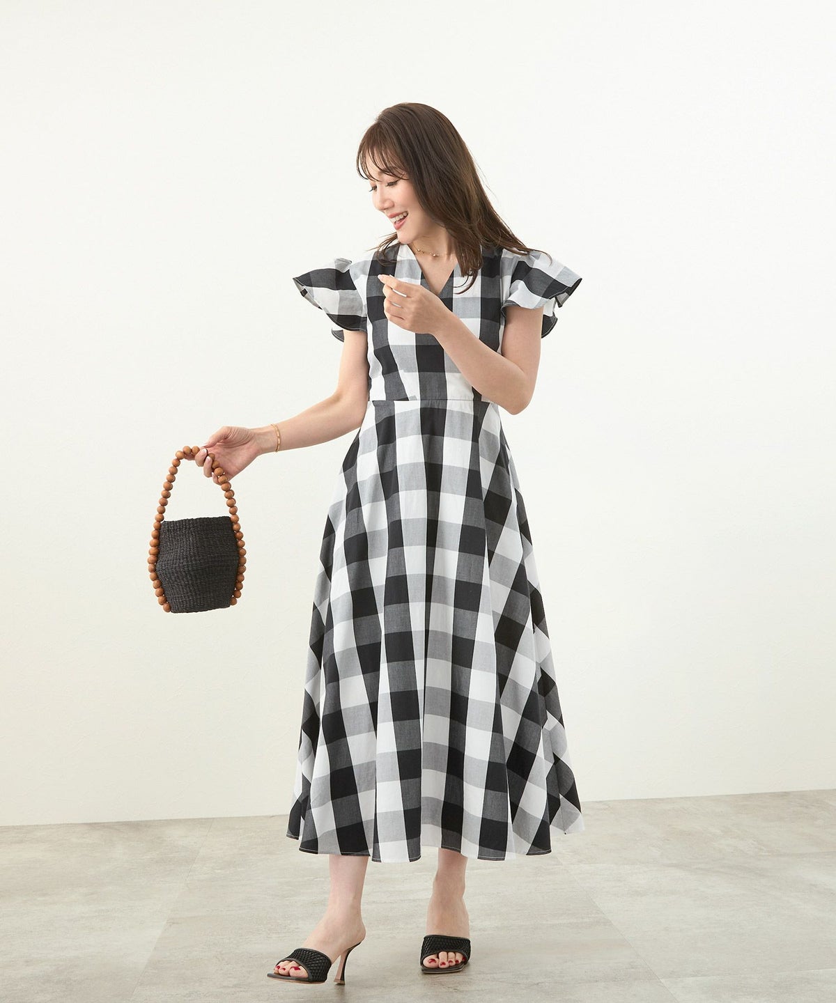 手洗い可/カシュクール/フィット＆フレア/フレア/裏地付き/Vネック/大人フェミニン/ギンガムチェック/綿100%/ロング丈/S/M