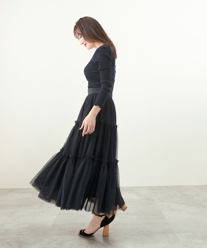 洗濯可/ボリュームスカート/バックウエストゴム/フェミニン/ギャザー/ロング丈