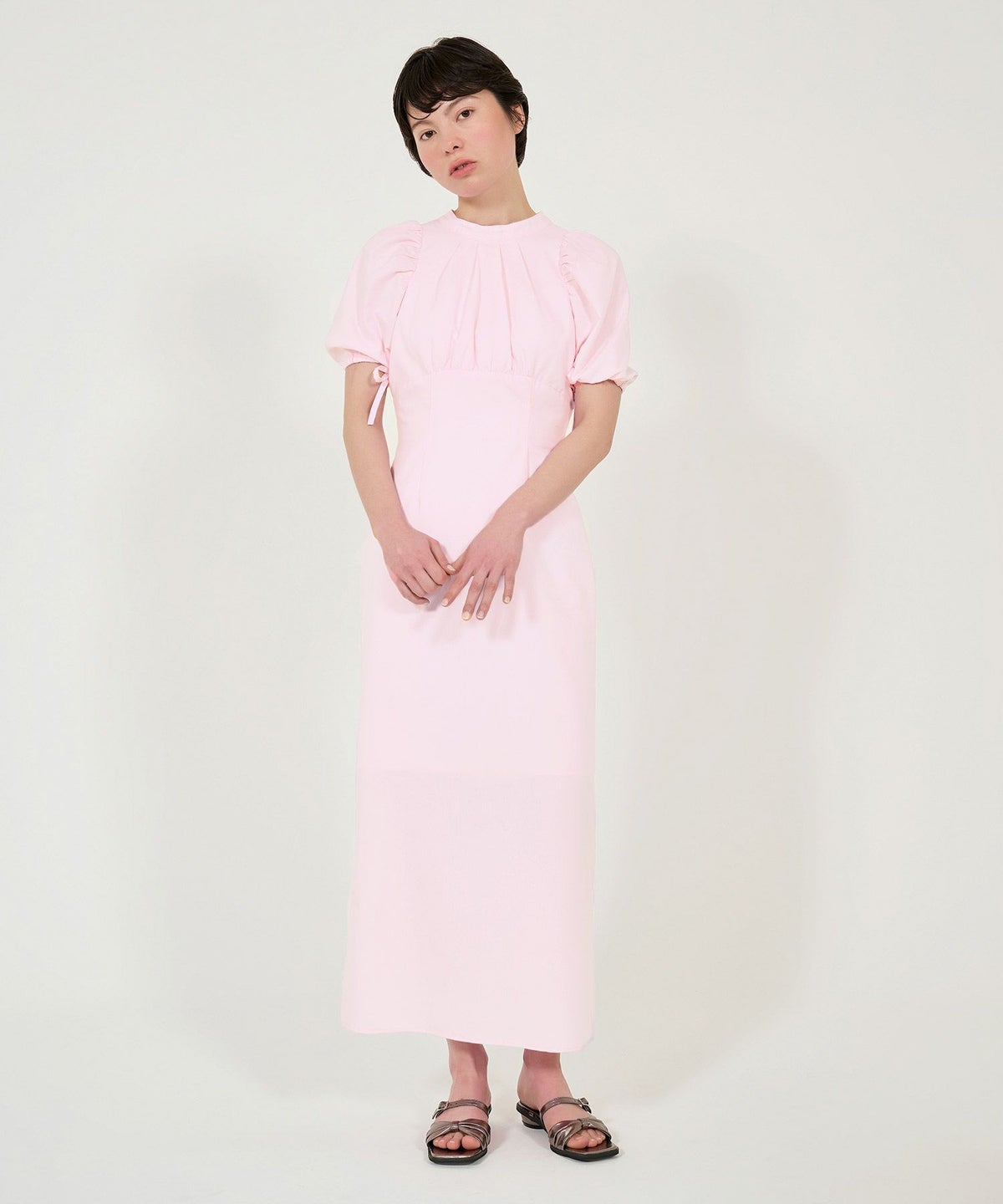 ワンピース/半袖/パフスリーブ/ロング丈/ピンク/サックス/チャコール