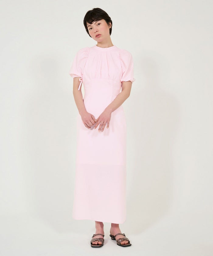 ワンピース/半袖/パフスリーブ/ロング丈/ピンク/サックス/チャコール