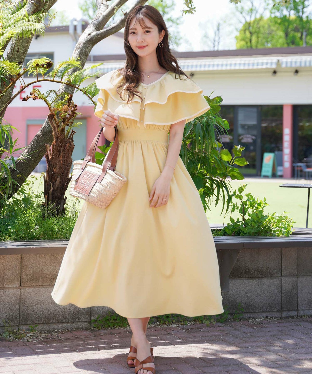レディース/ワンピース/フリル/パイピング/パール/前あき/夏休み/海/お出かけ/リゾート/イエロー/ブルーグレー/グレー/華やか/夏/春/ハワイ/Hawaii/上品/エレガント/ピンク/可愛い/ヒット商品/トレンド/新色/ピンク/チャコール/サマー/バケーション