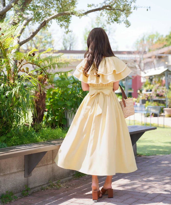 レディース/ワンピース/フリル/パイピング/パール/前あき/夏休み/海/お出かけ/リゾート/イエロー/ブルーグレー/グレー/華やか/夏/春/ハワイ/Hawaii/上品/エレガント/ピンク/可愛い/ヒット商品/トレンド/新色/ピンク/チャコール/サマー/バケーション