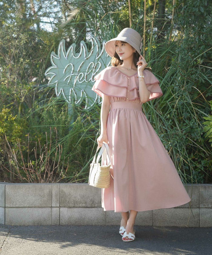 レディース/ワンピース/フリル/パイピング/パール/前あき/夏休み/海/お出かけ/リゾート/イエロー/ブルーグレー/グレー/華やか/夏/春/ハワイ/Hawaii/上品/エレガント/ピンク/可愛い/ヒット商品/トレンド/新色/ピンク/チャコール/サマー/バケーション