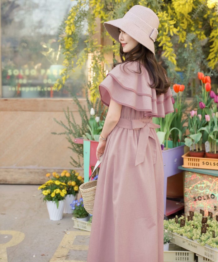 レディース/ワンピース/フリル/パイピング/パール/前あき/夏休み/海/お出かけ/リゾート/イエロー/ブルーグレー/グレー/華やか/夏/春/ハワイ/Hawaii/上品/エレガント/ピンク/可愛い/ヒット商品/トレンド/新色/ピンク/チャコール/サマー/バケーション