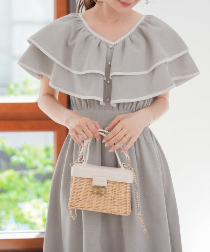 レディース/ワンピース/フリル/パイピング/パール/前あき/夏休み/海/お出かけ/リゾート/イエロー/ブルーグレー/グレー/華やか/夏/春/ハワイ/Hawaii/上品/エレガント/ピンク/可愛い/ヒット商品/トレンド/新色/ピンク/チャコール/サマー/バケーション