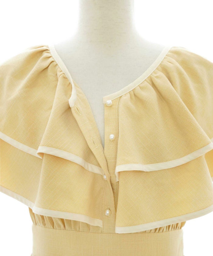 レディース/ワンピース/フリル/パイピング/パール/前あき/夏休み/海/お出かけ/リゾート/イエロー/ブルーグレー/グレー/華やか/夏/春/ハワイ/Hawaii/上品/エレガント/ピンク/可愛い/ヒット商品/トレンド/新色/ピンク/チャコール/サマー/バケーション