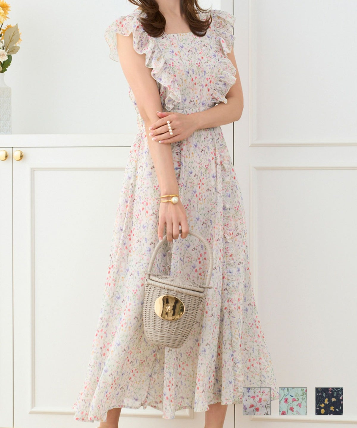 フリルトリミングスクエアネックフラワープリントワンピースPrimaScherrer全3色｜psc321-0693【1】