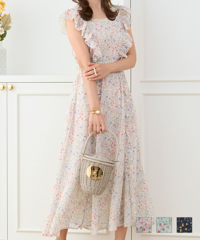 フリルトリミングスクエアネックフラワープリントワンピースPrimaScherrer全3色｜psc321-0693【1】