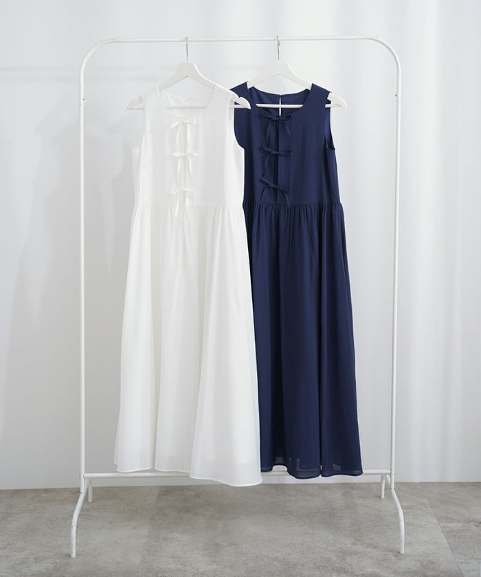 ワンピース/フロント/リボン/マキシ丈/ホワイト/ネイビー/XS/S/M/