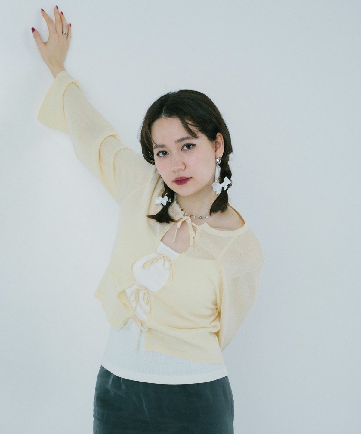 カーディガン/リボン/トップス/アイボリー/カーキ