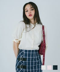 ブラウス/半袖/ちび襟/クリーム/ベビーピンク/ブラックネイビー