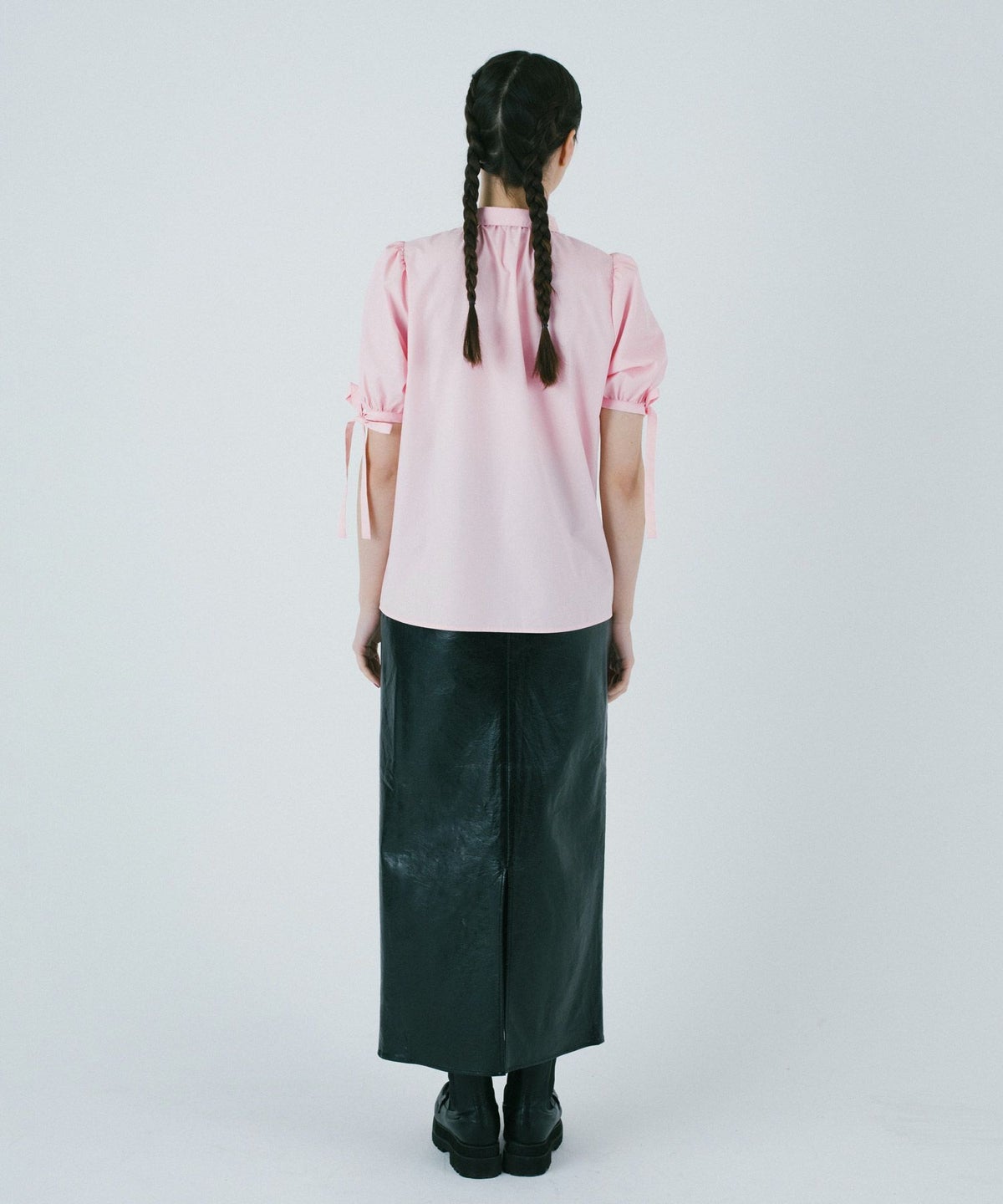 ブラウス/半袖/ちび襟/クリーム/ベビーピンク/ブラックネイビー