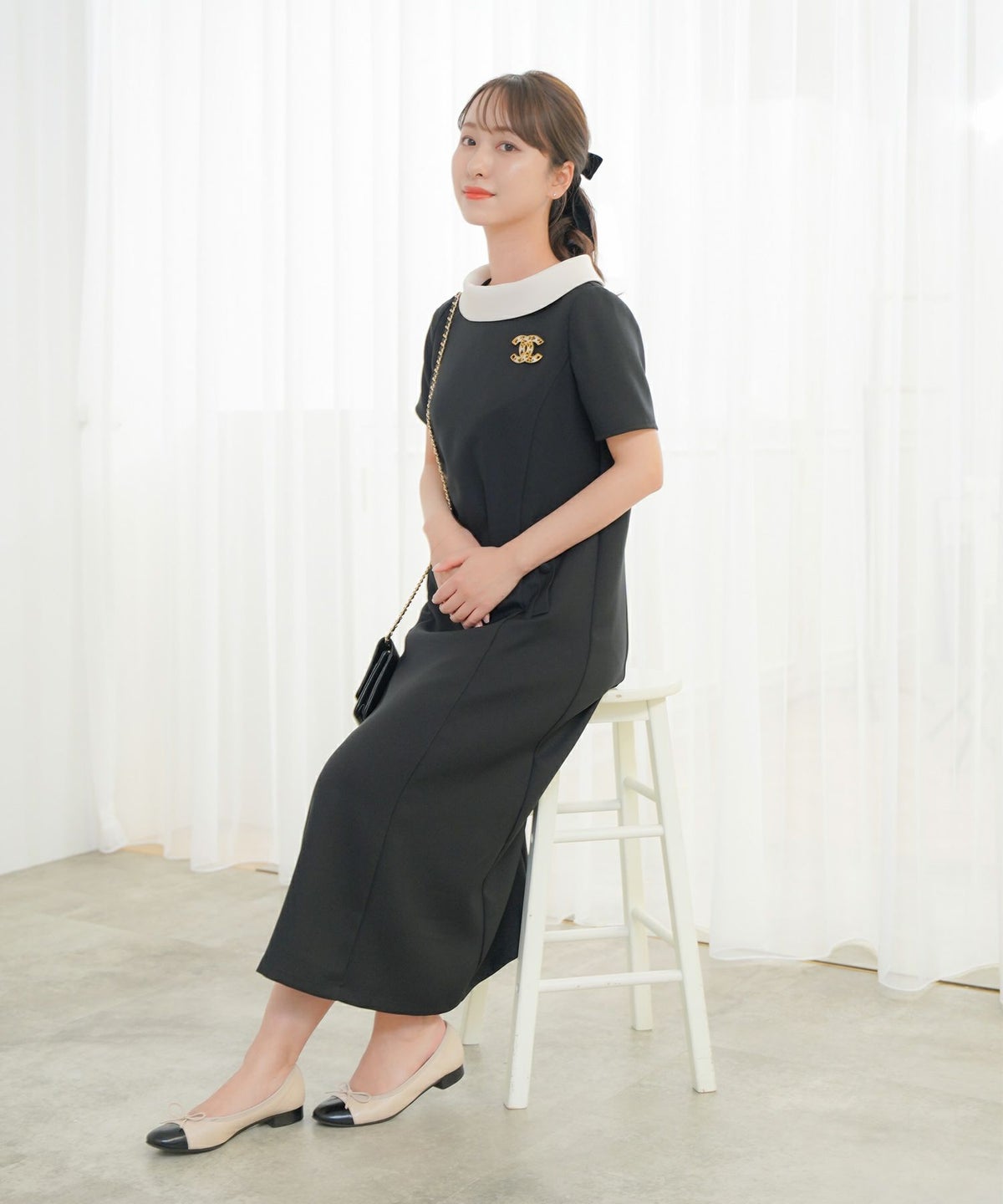 ワンピース/ロールカラー/Aライン/アイボリー/ネイビー/ブラック/M/