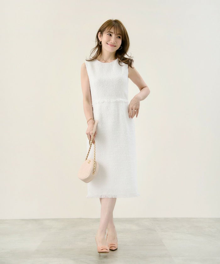 ノースリーブ/Iライン/上品/エレガント/ラウンドネック/ミディ丈/単色ツイード/S/M/L