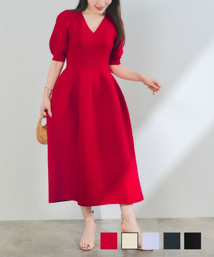 ニット ワンピース ニットワンピース ホールガーメント レディース おしゃれ きれいめ オフィス 半袖 上品 黒 かわいい ファッション ジョイントスペース ホールガーメント 半袖 パフスリーブ ワンピース Liala×PG