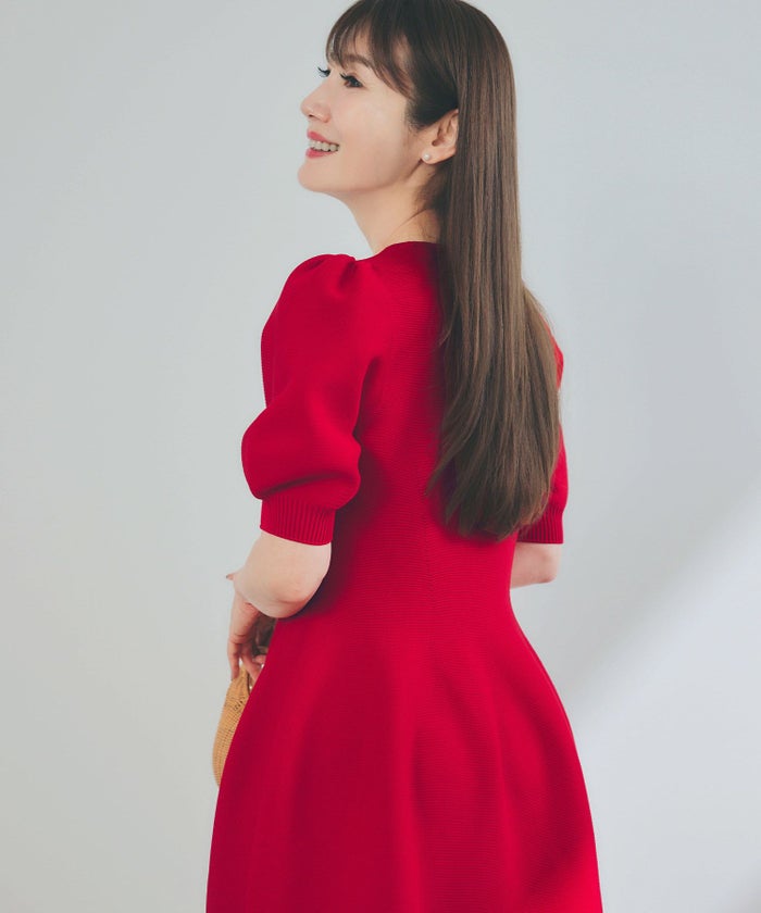 手洗い可/日本製/Vネック/ふんわり/ミモレ丈/袖山ギャザー/パフ袖/大人可愛い/上品/きれいめ/シンプル/リラックス/美ライン