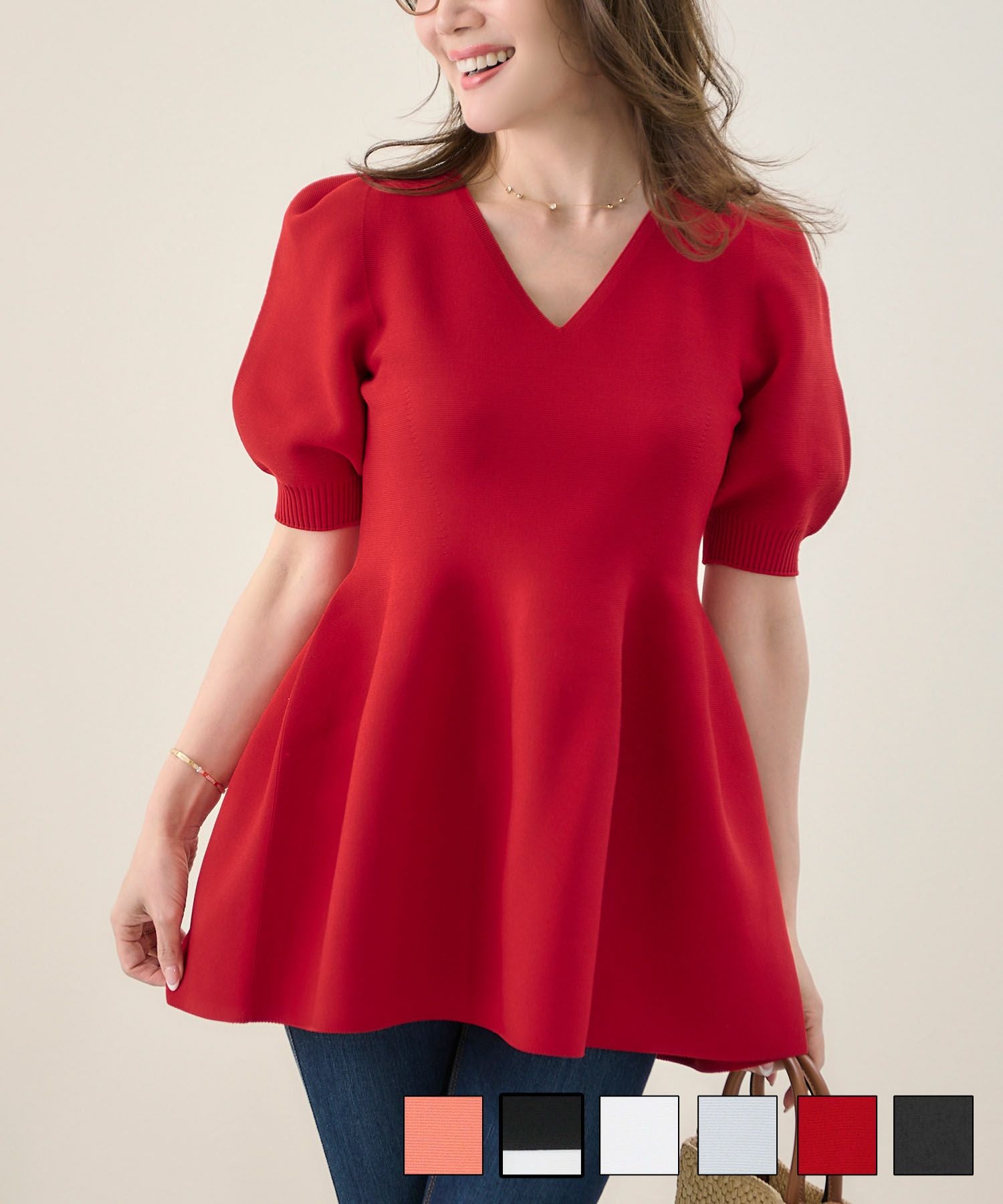 ホールガーメント 半袖 ペプラム プルオーバー