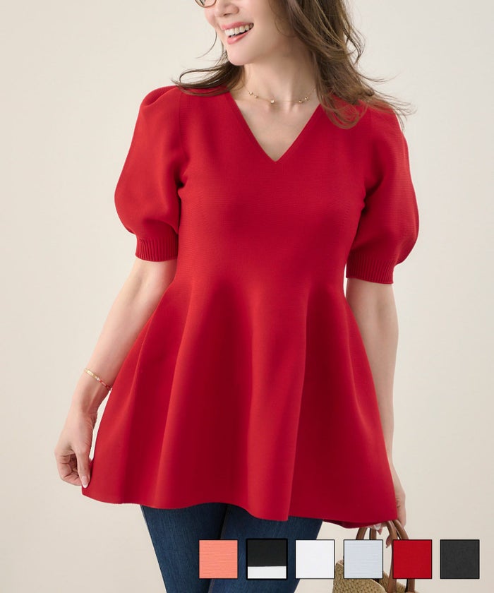 手洗い可 日本製 Vネック ふんわり チュニック 袖山ギャザー パフ袖 大人可愛い 上品 きれいめ シンプル リラックス 体型カバー 美ライン フレア ホールガーメント 半袖 ペプラム プルオーバー Liala×PG