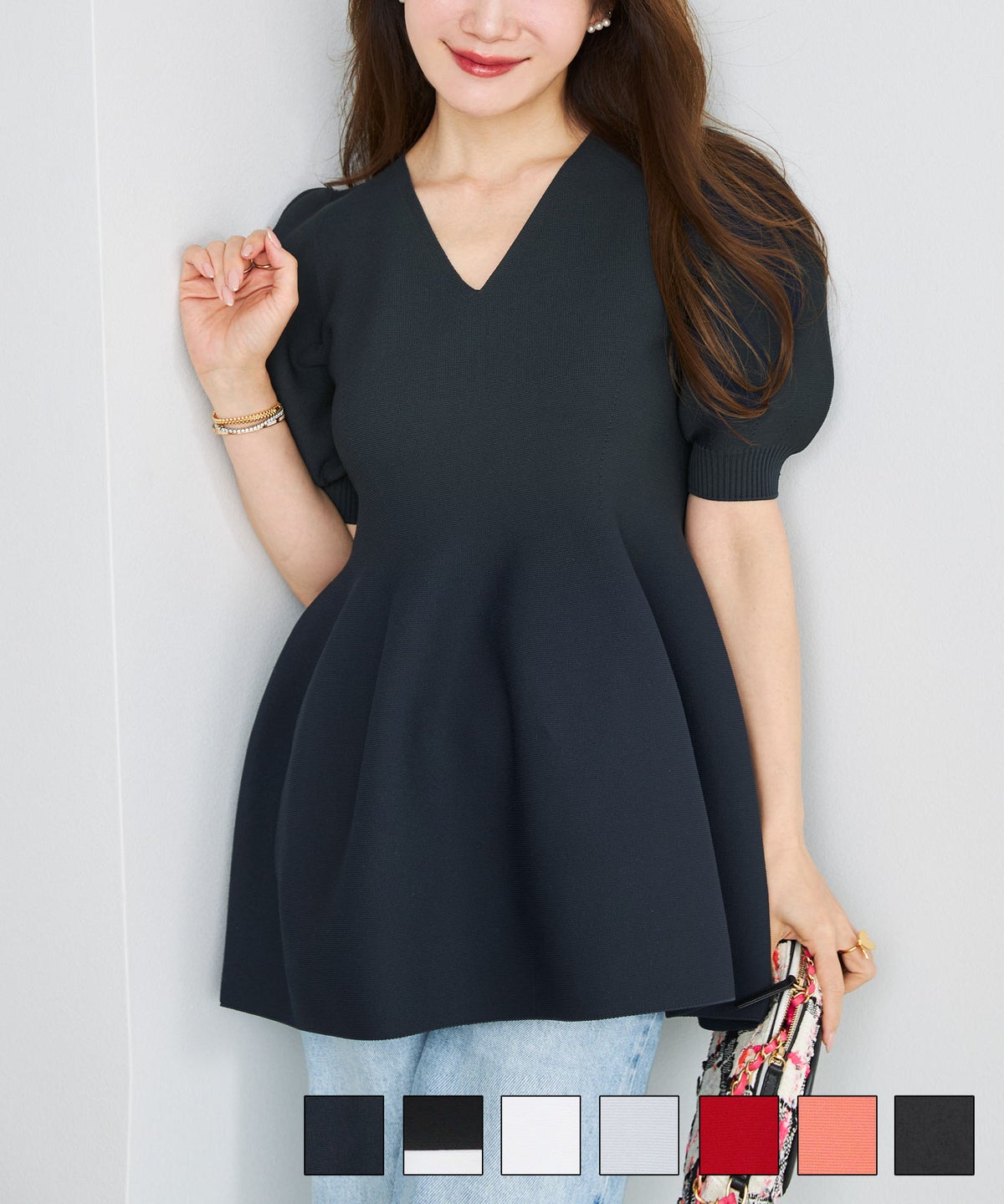 手洗い可 日本製 Vネック ふんわり チュニック 袖山ギャザー パフ袖 大人可愛い 上品 きれいめ シンプル リラックス 体型カバー 美ライン フレア ホールガーメント 半袖 ペプラム プルオーバー Liala×PG