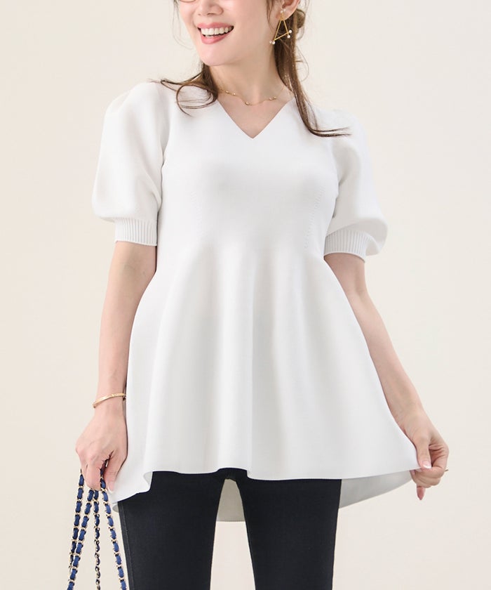 手洗い可/日本製/Vネック/ふんわり/チュニック/袖山ギャザー/パフ袖/大人可愛い/上品/きれいめ/シンプル/リラックス/体型カバー/美ライン/フレア