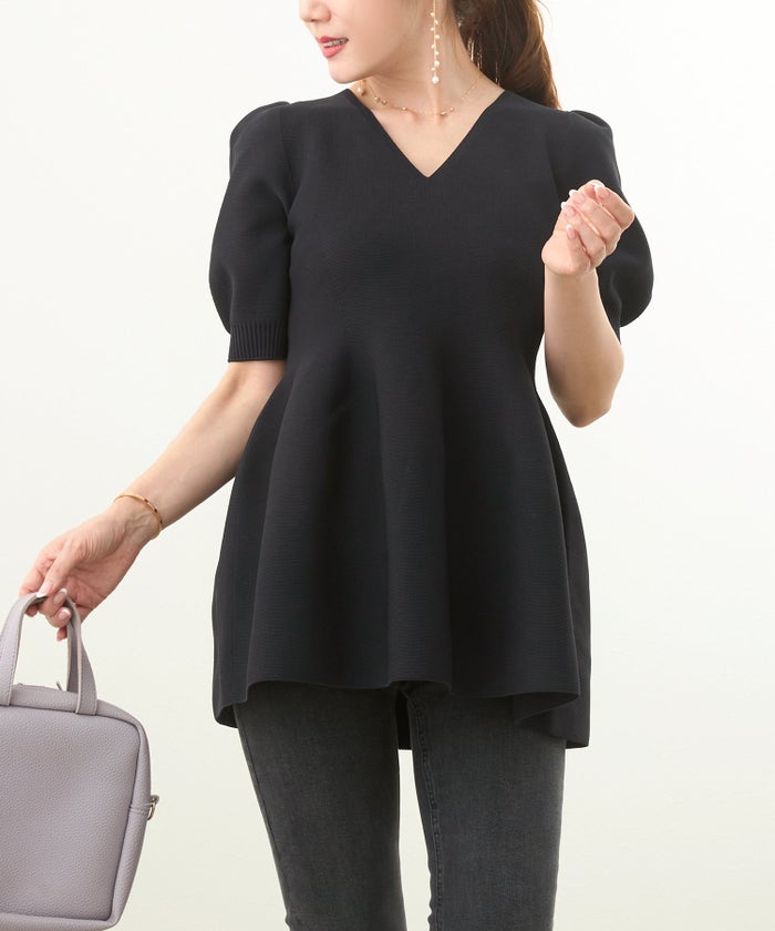 手洗い可/日本製/Vネック/ふんわり/チュニック/袖山ギャザー/パフ袖/大人可愛い/上品/きれいめ/シンプル/リラックス/体型カバー/美ライン/フレア