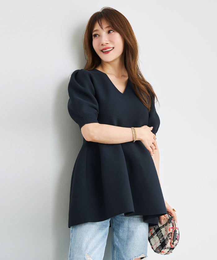 手洗い可/日本製/Vネック/ふんわり/チュニック/袖山ギャザー/パフ袖/大人可愛い/上品/きれいめ/シンプル/リラックス/体型カバー/美ライン/フレア